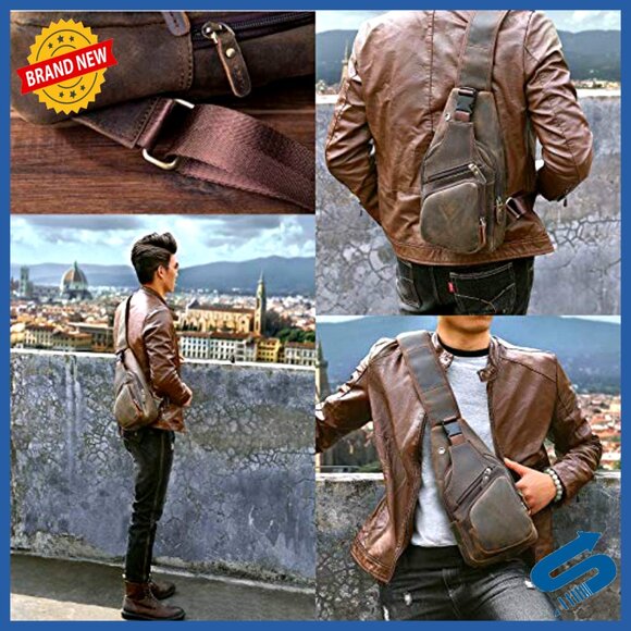 Leather Crossbody Sling Bag for Hiking Travel Casual Outdoor Sports Men's - Picture 2 of 7